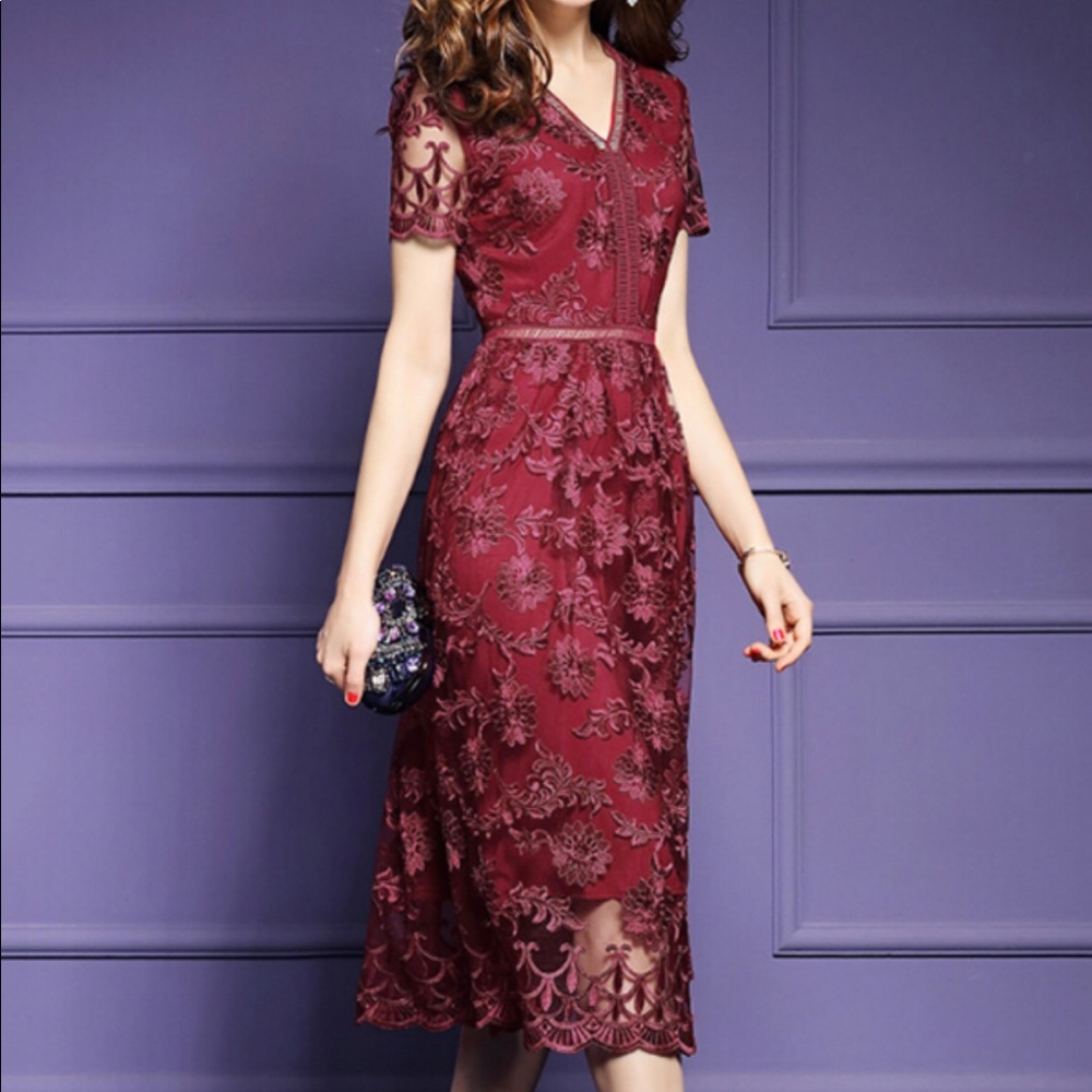 Red Floral Embroidered Midi Dress